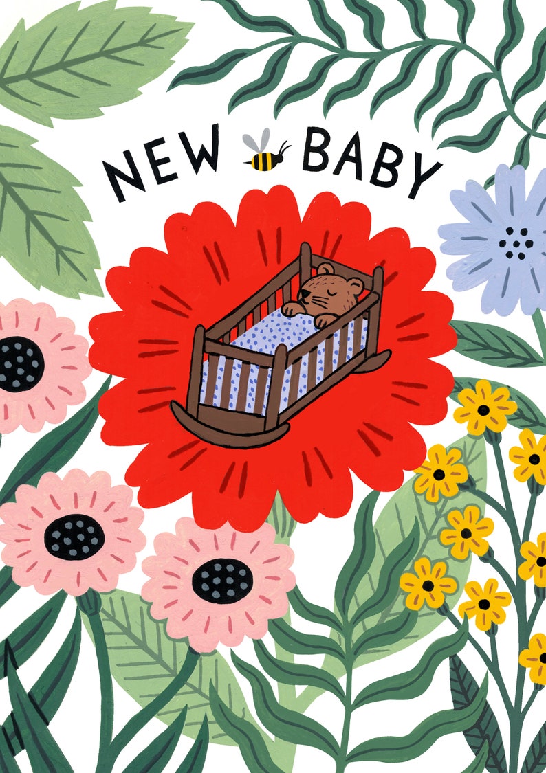 New Baby Card A6 congratulations on your little one new parent gift for new mums botanical illustration cute baby mouse card image 2