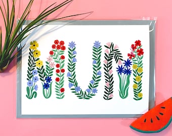 Mother's Day Card, MUM card, Greetings card, botanical card, mother's day, plants, paper goods, floral card, flower illustration, lettering