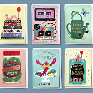 Multipack Birthday card bundle x 6 | Illustrated greetings card collection | fun card range | silly stationery | eco cards