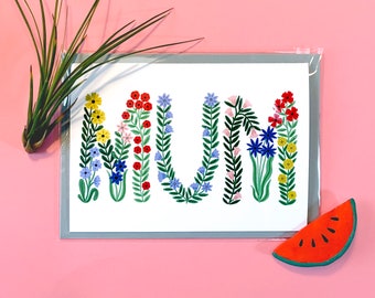Mother's Day Card, MUM card, Greetings card, botanical card, mother's day, plants, paper goods, floral card, flower illustration, lettering