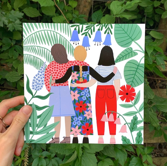 Floral Friendship art print (8x8) | friends wall art | Illustrated home decor | Fashion illustration | feminist art | girl power | botanical