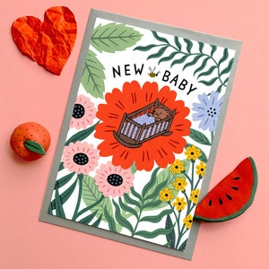 New Baby Card A6 congratulations on your little one new parent gift for new mums botanical illustration cute baby mouse card image 1