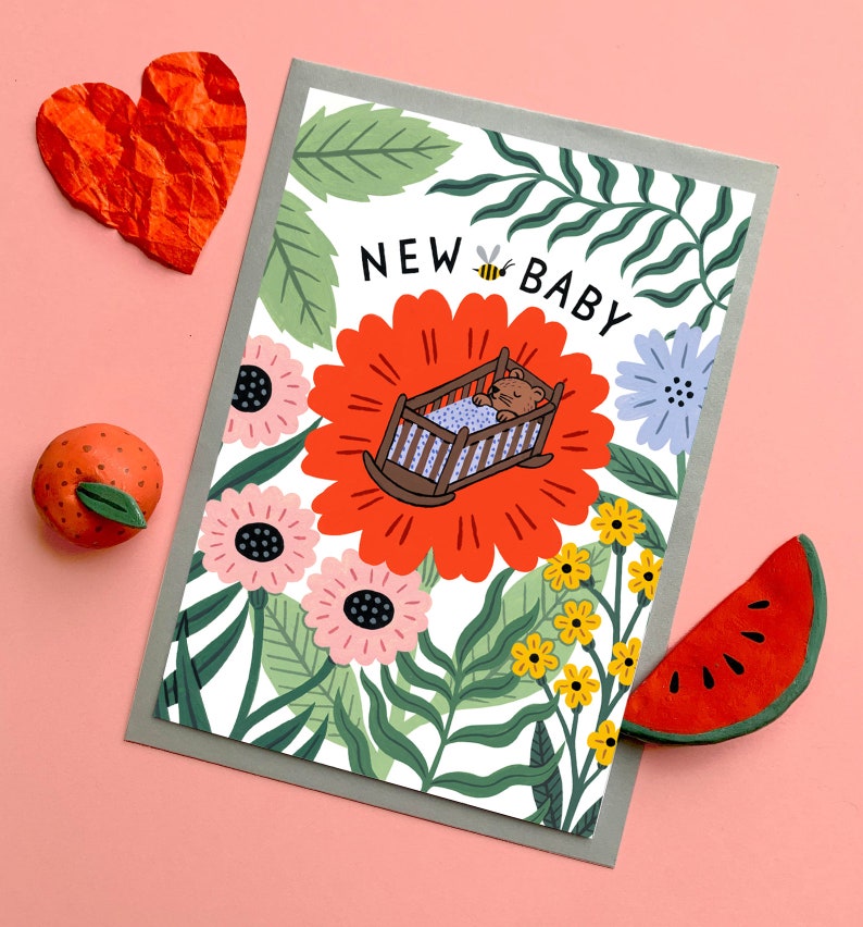 New Baby Card A6 congratulations on your little one new parent gift for new mums botanical illustration cute baby mouse card image 1