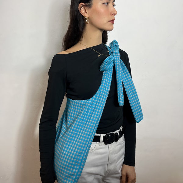 Unisex Ao Gingham Crossbody Sling Bag with Adjustable Straps in End-of-Roll Deadstock Blue & Grey  Cotton