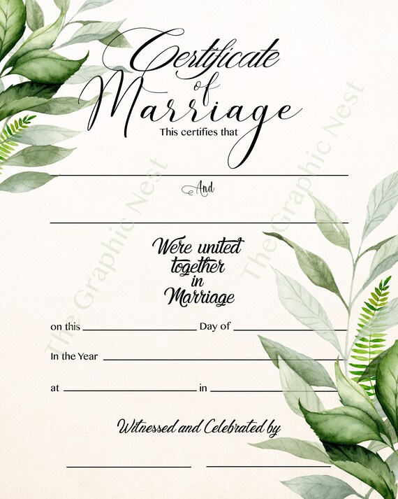 Green Leaf Marriage Certificate. Digital Download. Etsy