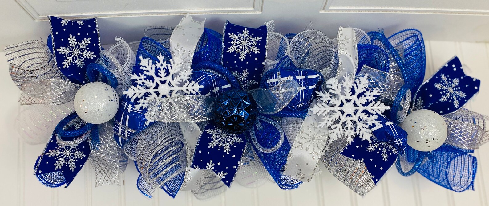 Winter Blue Silver and White deco mesh arrangement/Winter Etsy