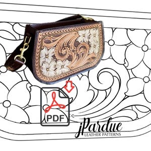 May include: A brown leather crossbody bag with a floral design. The bag features a detailed carved pattern of flowers and swirling leaves. It has a long adjustable strap and gold-colored hardware. The bag is a handcrafted item.