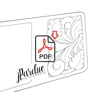 Puede incluir: Un dibujo en blanco y negro de un diseño floral. El diseño tiene forma de ola con hojas y remolinos. La imagen incluye el texto "jpar due HANDMADE LEATHER GOODS" y un icono de descarga PDF.
