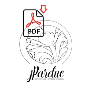 Könnte beinhalten: Schwarz-weiße Grafik mit floralem Design in einem Kreis, einem PDF-Symbol und einem Pfeil nach unten. Der Text "jPardue HANDMADE LEATHER GOODS" unten deutet auf ein Lederwarenprodukt hin.