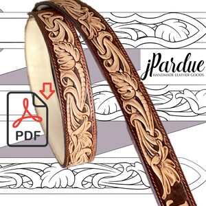 May include: A brown leather belt with a floral design and a cream-colored interior. The belt features embossed leaves and flowers. The text "jPardue HANDMADE LEATHER GOODS" is visible. A PDF icon is also present.