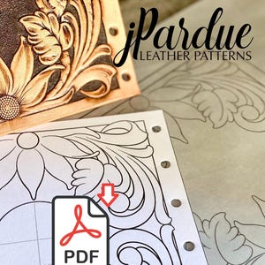 Può includere: Primo piano di un'artigianato in pelle con design floreale e il testo "jpardue LEATHER PATTERNS". È visibile anche un'icona PDF con una freccia verso il basso, che suggerisce modelli di pelletteria scaricabili.