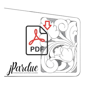 May include: A black and white line drawing of a floral design, suitable for leather carving. The design is in a square shape and features intricate swirls and leaves. The image is labeled "PDF" and has a red arrow pointing down, indicating a downloadable file.
