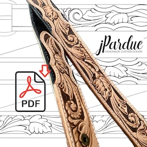 Peut inclure: Gros plan sur deux sangles en cuir finement sculptées avec des motifs floraux et de feuilles. Les sangles sont de couleur beige et marron, avec un dos noir et des coutures blanches. L'image comprend le texte "jPardue HANDMADE LEATHER GOODS" et une icône PDF.