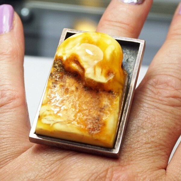 HUGE AMBER RING 33 g, 925 Sterling Silver, Geometric Design, Mariusz Gliwinski, Ambermoda Jewelry, Raw Butterscotch Amber, Super Rare Ring