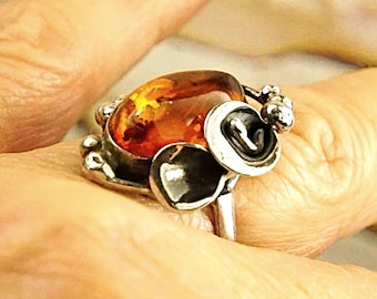 Calla Lily Ring Baltic Amber Sterling Silver Art Nouveau Statement Jewelry