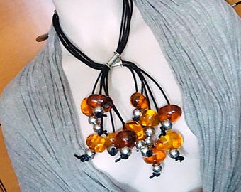 Baltic Amber Leather Necklace 8.5oz • 925 Sterling Silver • Modernist Designer Statement Jewelry by Gliwiński Ambermoda