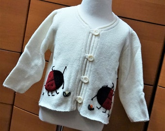 Knitted MERINO JACKET For GIRLS, Cardigan with Ladybug For Toddler girls, Christmas gift for children