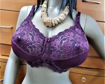 BIG BUST Full Coverage Underwire Plum BRA, Cotton lined European purple lace bra, New old stock, Holiday gift for Her, Gift for girlfriend
