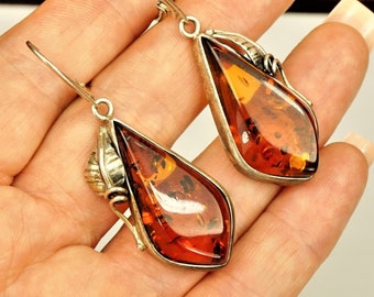 AMBER STERLING EARRINGS With Leaves, Modernist Jewelry, Gift for Her, Mother's Day Gift