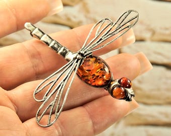Baltic Amber Big Dragonfly Brooch, Sterling Silver Insect Pin