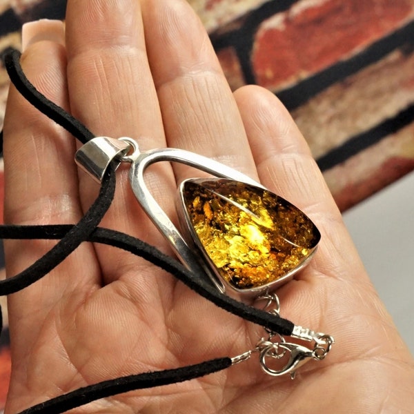 GREEN AMBER PENDANT, Amber and 925 silver, Valerio jewelry, Black cord necklace, Perfect gift for Mom, Baltic amber jewelry Amber lover gift