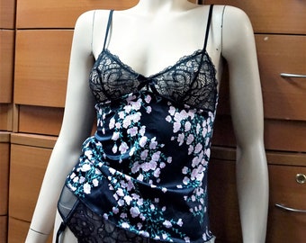 SEXY SATIN CHEMISE, Cherry Blossom Floral Camisole, Lace Bra Top, Adjustable Spaghetti Straps Cami, Holiday Gift For Women, Girlfriend Gift