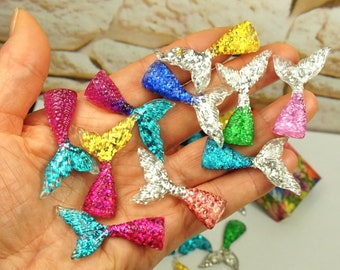 Bright MERMAID TAILS for DIY Crafts, Flatback Cabochons, 1.75in Resin Fish Tails, Glitter Mermaid, Ready To Gift In Box, Small Gift For Kids