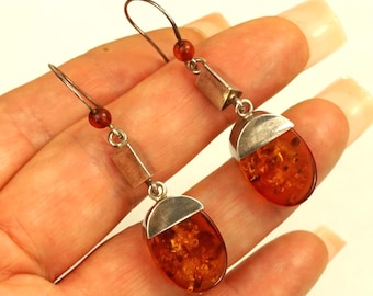 Sterling Silver Baltic Amber Earrings – Honey Oval Dangle Design