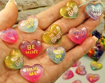 HEART Shaped JELLY Candies Flatback Cabochons, DIY Conversation Hearts with words Hug me Sweet heart Kiss me, Small gift idea for kids