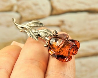 AMBER ROSE STEM Petite Brooch, 925 Silver Pin, Gift For Her