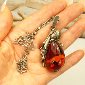 BIG AMBER PENDANT with 925 silver chain 19in Calla Lily pendant, Rare to find modernist jewelry, Cognac amber artisan pendant Gift for women
