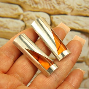RARE!!! Baltic Amber Sterling Silver Bar Earrings - Modernist Designer Jewelry