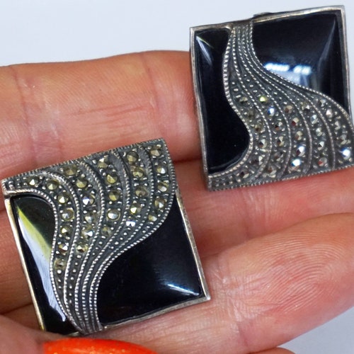 Judith JACK Black Onyx SILVER Earrings, JJ Sterling Marcasite Oversized Square Omega Earrings, Unique Gift For Her, shops Holiday Gift For Mom