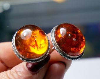 Big AMBER EARRINGS 925 Sterling SILVER, Rare to find modernist jewelry, Clip on style, Unique Gift for Her, Mother's Day Gift, 3D oval amber