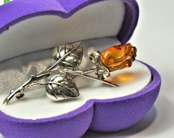 RARE CARVED AMBER Rose 925 Silver Brooch, Unique Detailed Baltic Amber Rose Petite Brooch, Silver Amber Pin, Mother's Day Gift Handmade Gift
