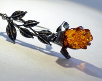 ROSE STEM BROOCH Carved rose bud pin 3.5in Amber and 925 silver Rare to find Baltic amber jewelry Perfect gift for Mom Valentines Day Gift