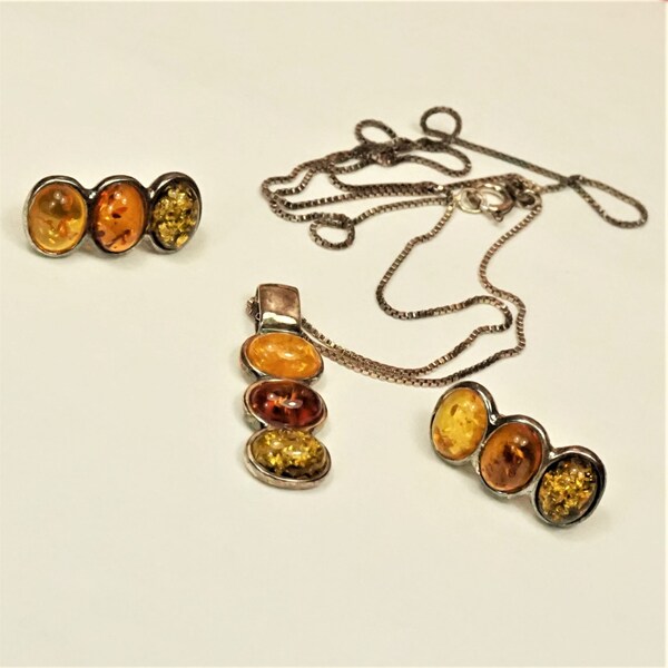 AMBER 925 SILVER JEWELRY Set, Multi Amber Pendant, Sterling Chain 18", Stud Earrings, Gift For Her