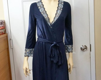 WOMEN MIDI ROBE with lace trim European loungewear Long sleeves Dark blue robe Light viscose fabric New old stock Best gift for wife