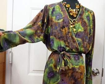 DEEP V NECK DRESS green purple print, Batwing sleeves, Party or Work dress, European clothing, New old stock, Fall clothing, Gift for Her