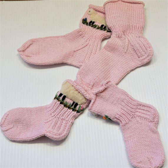 PINK PURE WOOL Knitted Socks For Girls With Sheep… - image 4