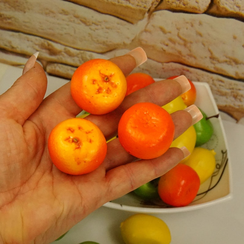 FAKE MINI FRUITS for kitchen decor, Green apple lemon and tangerine, Holiday gift set, Small gift in bag, Party decor fruits Lifelike citrus TANGERINE