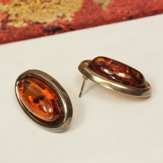 COGNAC AMBER 925 SILVER Oval Earrings, Estate Pol… - image 2