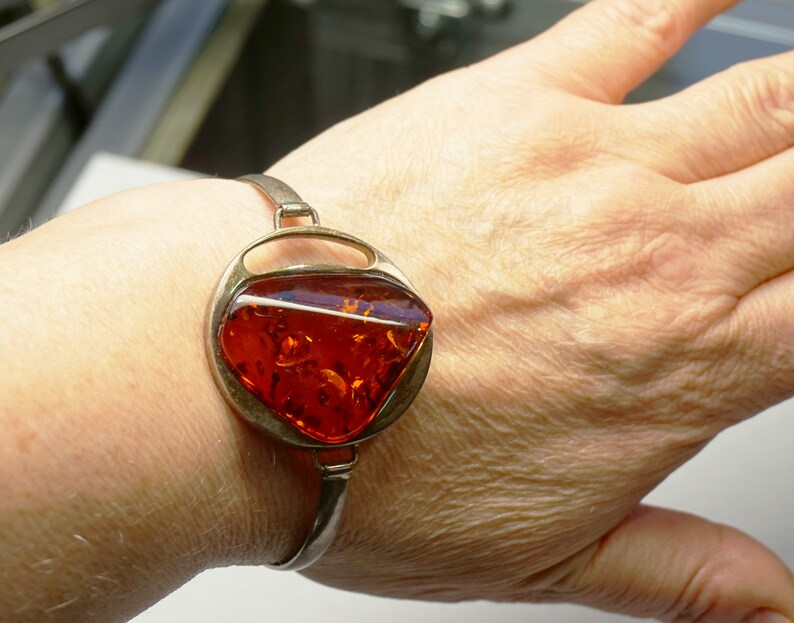 BALTIC AMBER SILVER Bracelet Big Cognac Amber Stone 925 Sterling Silver Bangle Bracelet 6.5 Unique Gift Ideas For Her Holiday Gift For Women