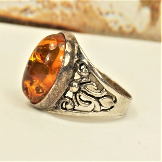 UNIQUE AMBER RING 5.75, 925 Sterling Silver, Fili… - image 1