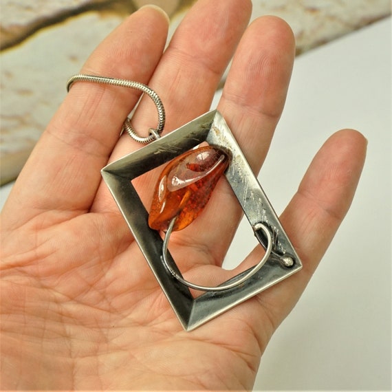 AMBER 925 SILVER Framed Pendant With Sterling Cha… - image 1