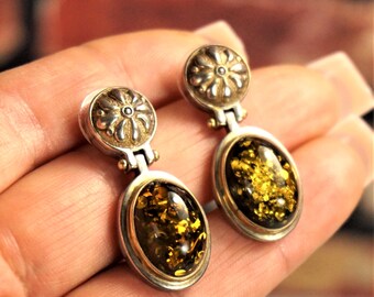 GREEN AMBER EARRINGS – 925 Sterling Silver Hinged Dangle Drops -Vintage Jewelry - Gift For Women