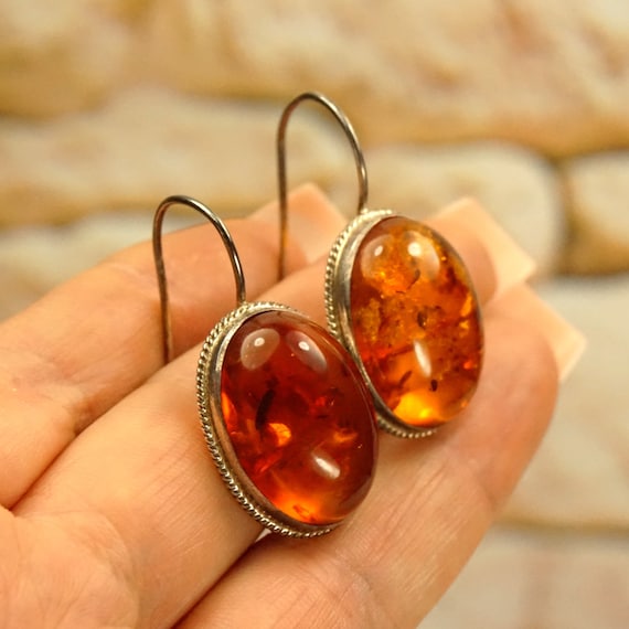 Oval Amber Earrings 925 Sterling Silver Lever Back Hook Big Amber Cabochons Old Estate Amber Antique Earrings Gift for Her Amber Lovers Gift