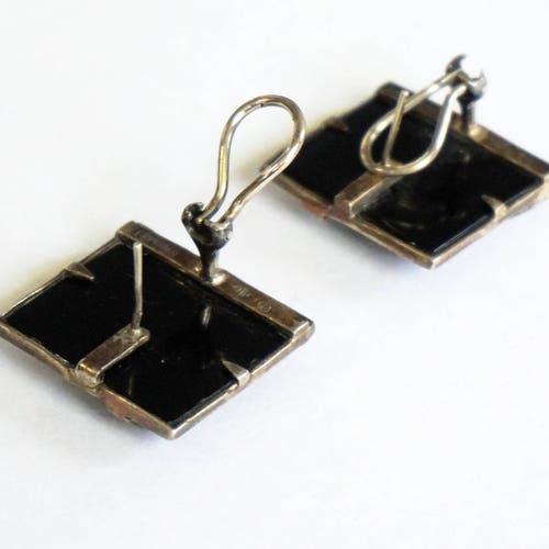 Judith JACK Black Onyx SILVER Earrings, JJ Sterling Marcasite Oversized Square Omega Earrings, Unique Gift For Her, shops Holiday Gift For Mom