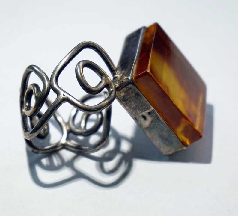 ANTIQUE AMBER SILVER Ring Rare Estate 2 Fingers Adjustable Ring Oversized Amber Ring Unusual Square Baltic Amber Ring Unique Gift For Women