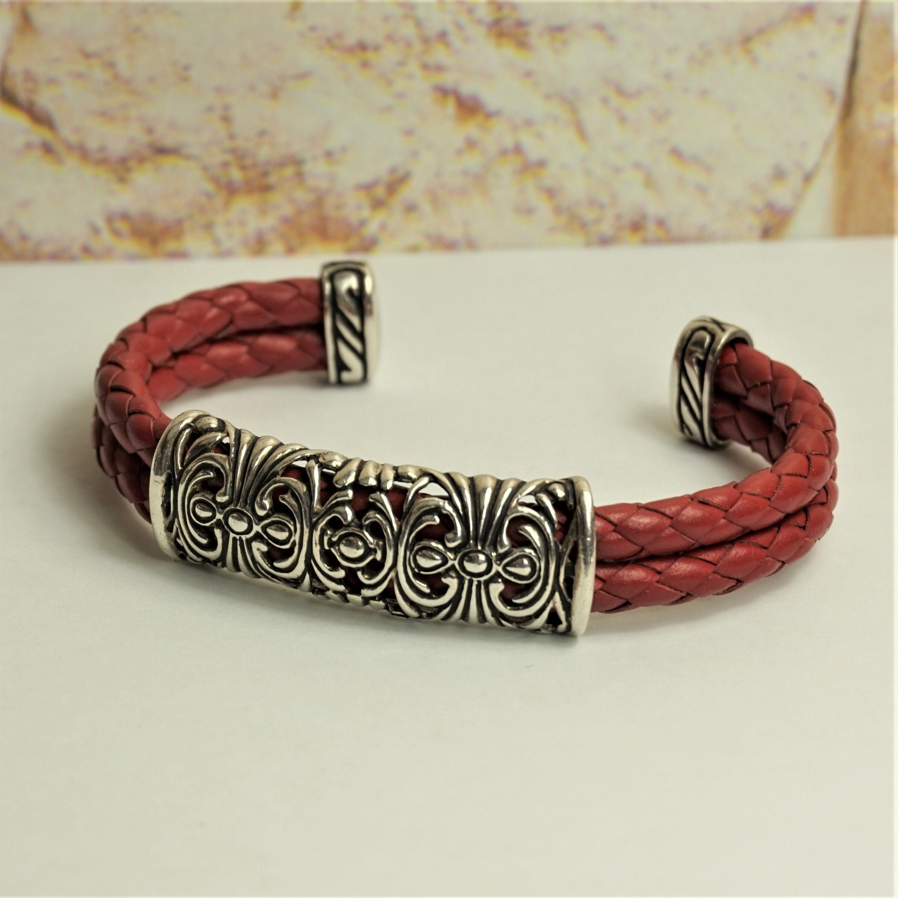 GENUINE LEATHER 925 Silver BRACELET Red Braided Leather Ornate